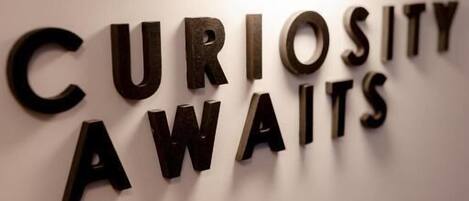 A wall with the words "CURIOSITY WAITS" illuminated by a light fixture.