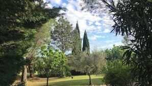 A pathway leading through a park with trees and a distant building. - Calm and relaxation with a view of the Château and listed village, L'OLIVIER (Grignan)