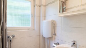 Une salle de bain avec des toilettes, un lavabo et une douche.