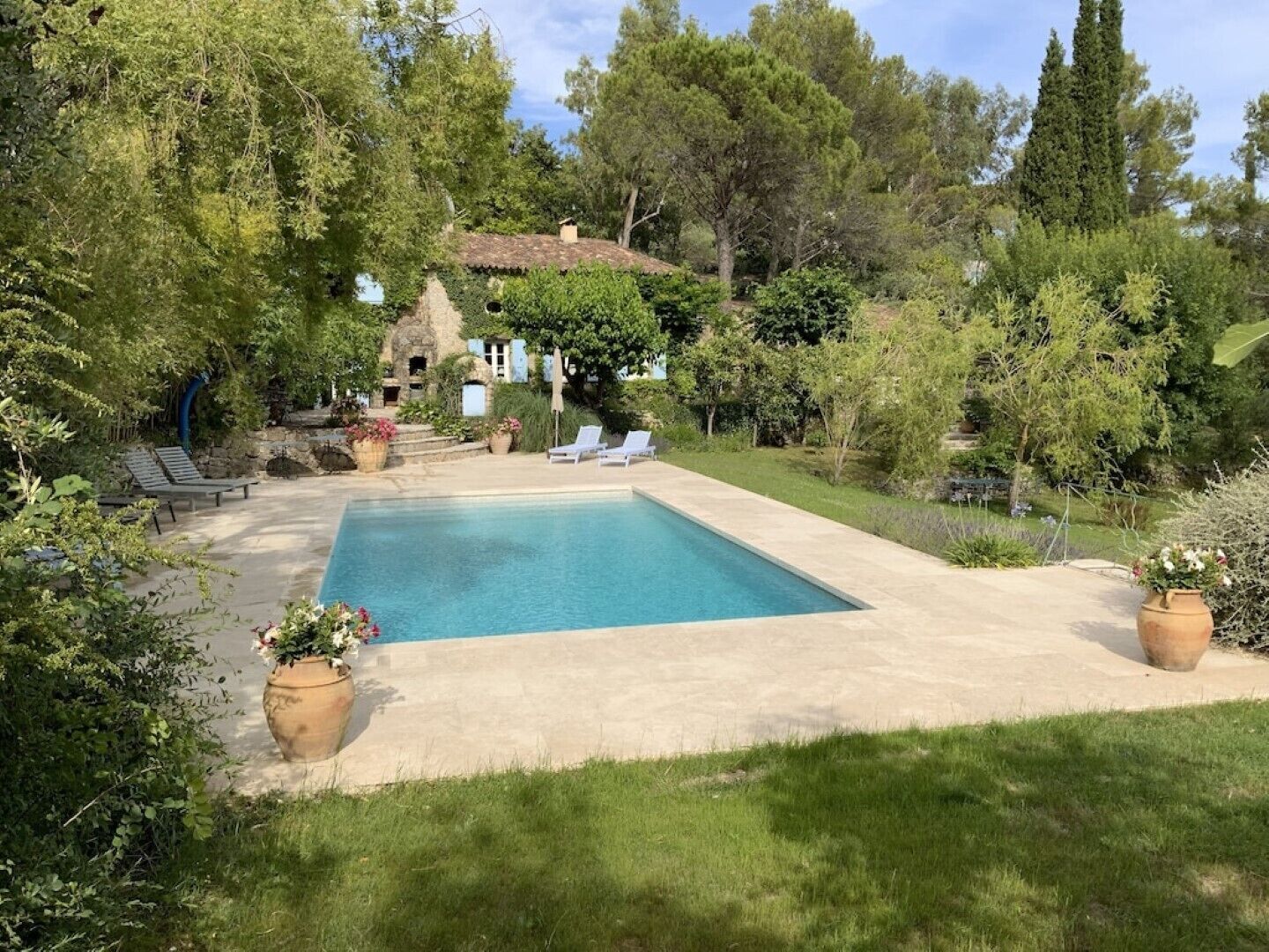 Una piscina rectangular con sillas de descanso y plantas en macetas, rodeada de abundante follaje y un edificio de piedra al fondo.