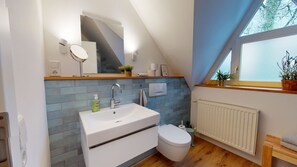 Bathroom features a skylight, sink, mirror, toilet, and radiator.