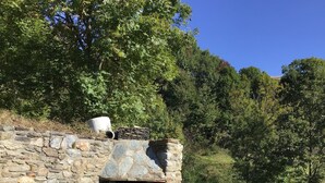 A stone barbecue area with a table and chairs, surrounded by a stone wall and lush greenery.