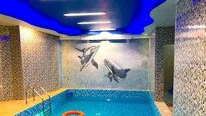 An indoor swimming pool with dolphin murals on the walls, a ladder, and a lifebuoy. - BEST PREMIER MAITAMA RESIDENCE (Abuja)