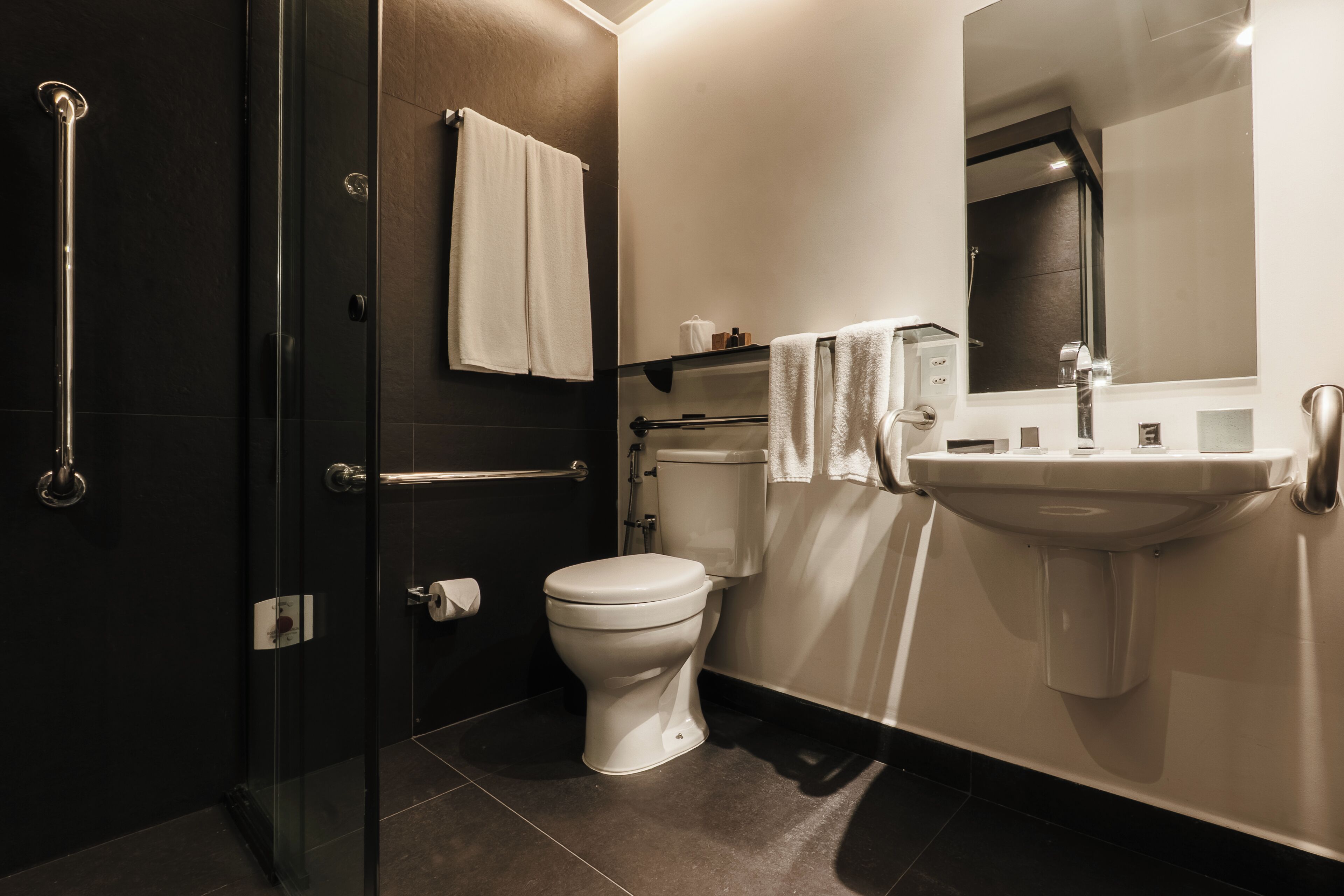 A modern bathroom with a glass shower enclosure, a white toilet, and a sink with a mirror above it.