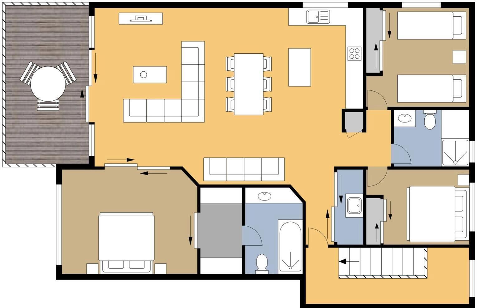 A hotel layout with a dining area, a kitchen, a living room, a bedroom, and a bathroom.
