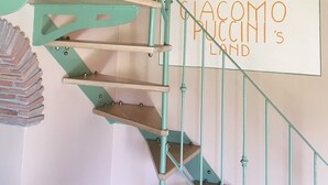 A staircase with teal railings and wooden steps, leading to a landing with a sign that reads "La Coccina's Land".