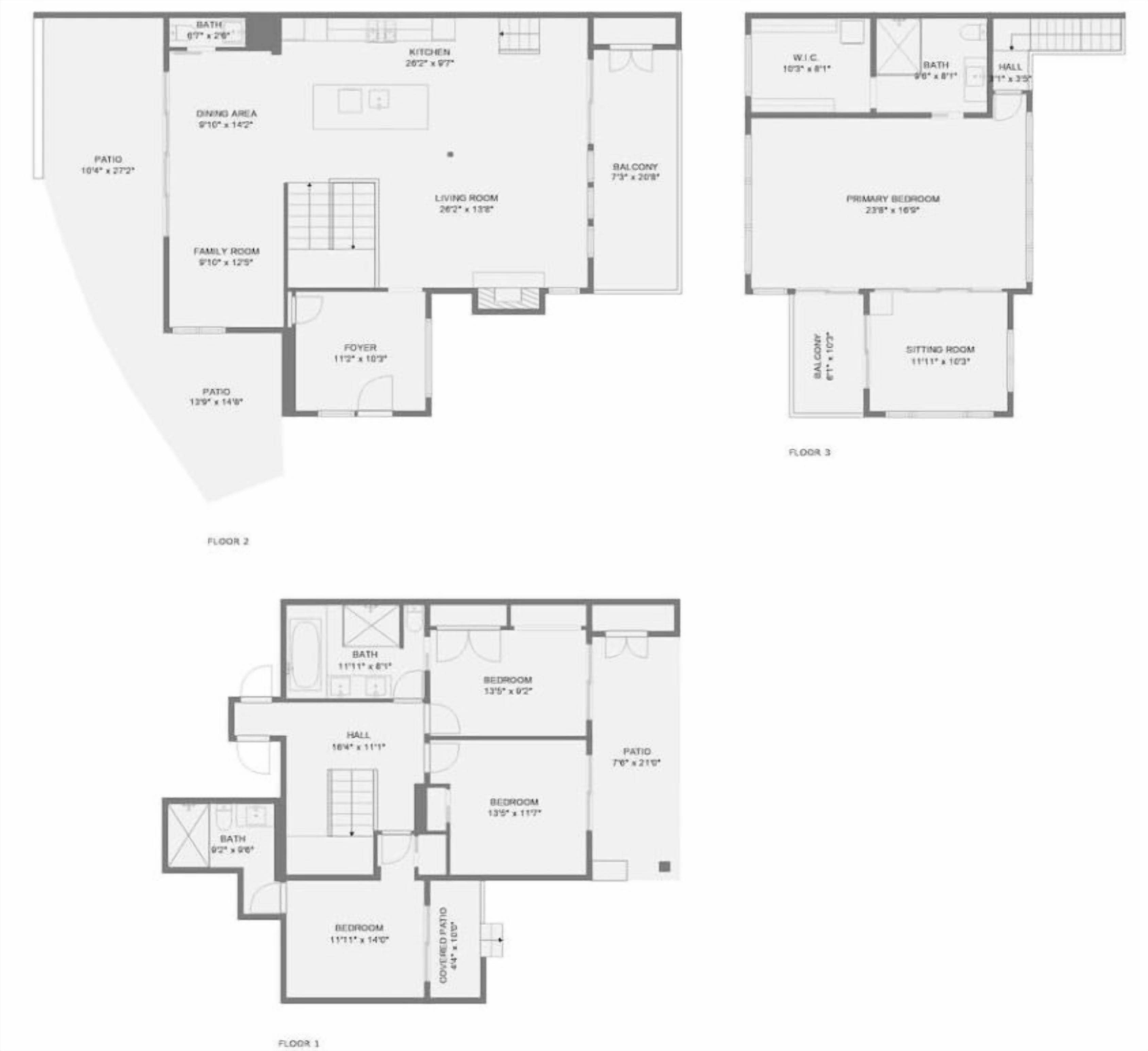 Grundrisse eines Hotels mit drei Schlafzimmern, zwei Bädern, einem Essbereich, einem Wohnzimmer, einer Diele und einem Balkon.