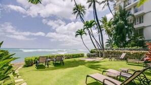 A well-maintained outdoor area with a lawn, lounge chairs, and tables, overlooking a beach with palm trees and a building in the background.