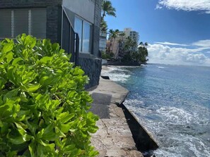 Un hotel costero con un sendero de piedra que conduce al océano, vistas al mar y un edificio con ventanas amplias.