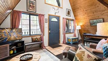 TV, fireplace, books