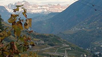 A mountainous landscape with vineyards, a church, and a small settlement.