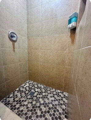 Douche, serviettes fournies, savon, shampoing