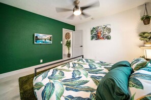1 bedroom, desk, iron/ironing board, travel crib