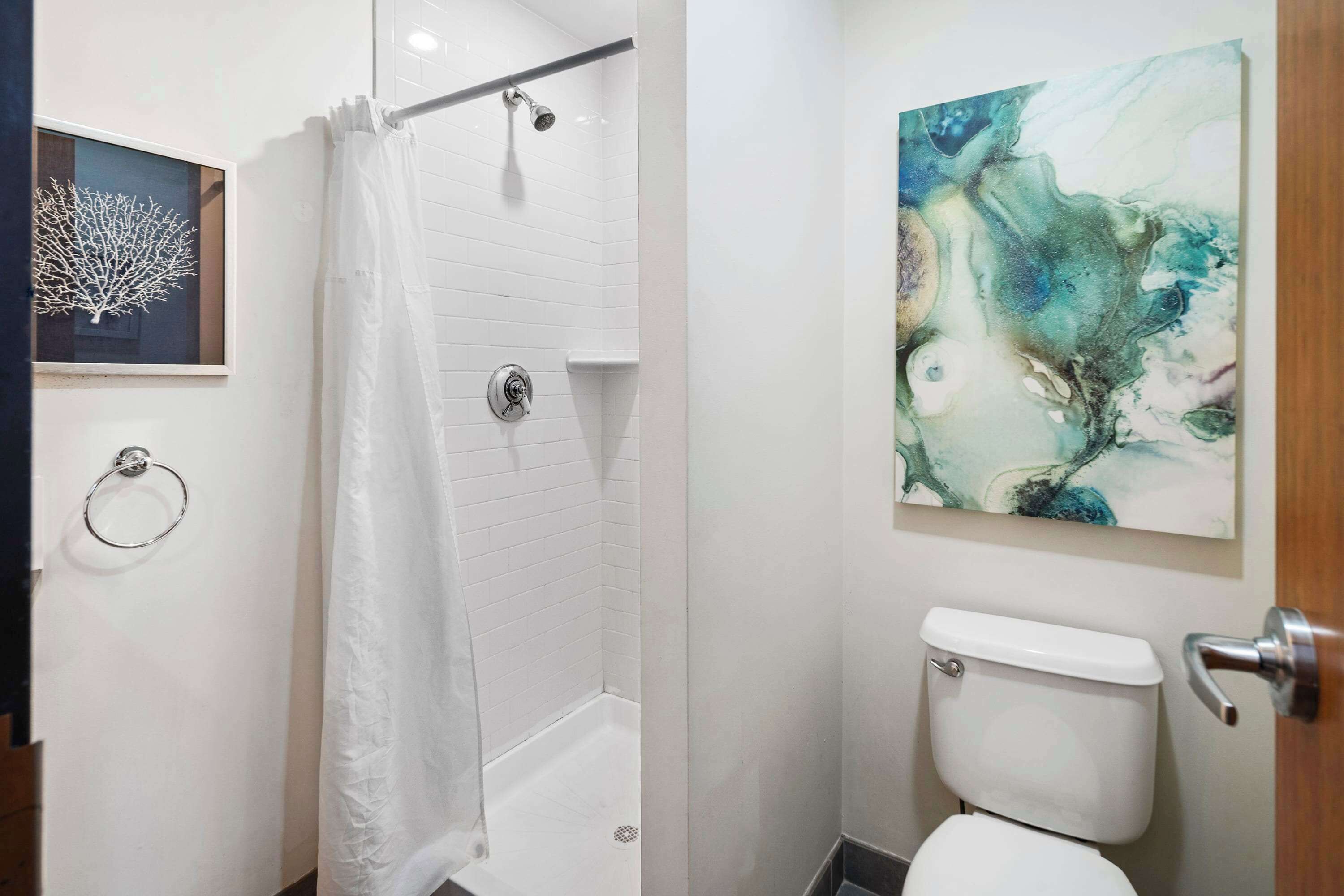 Shower, hair dryer, towels, shampoo