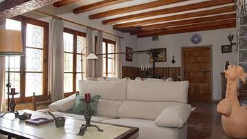 Een televisie, een open haard en boeken