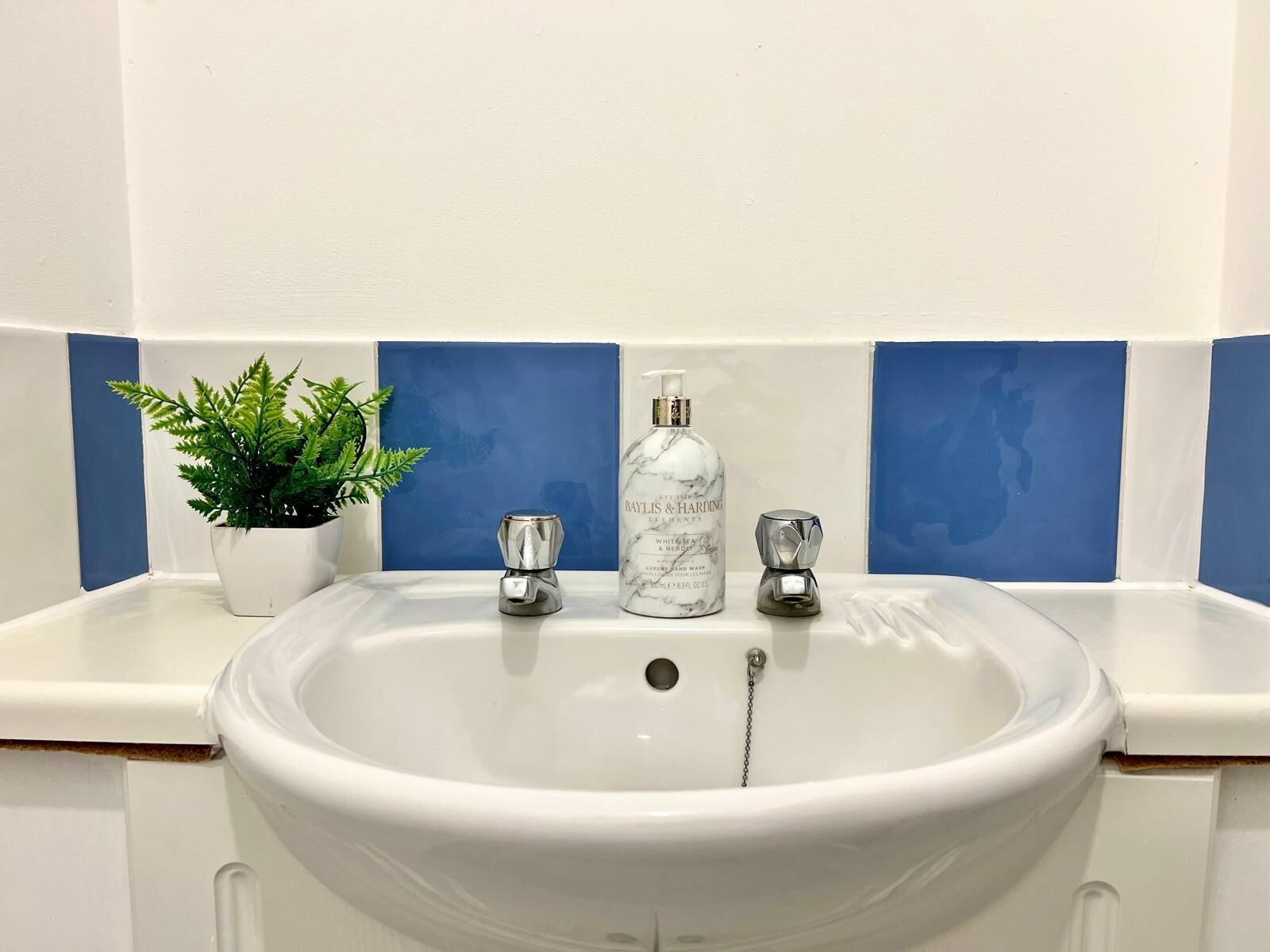 A bathroom with a white sink, a potted plant, and two bottles of lotion.