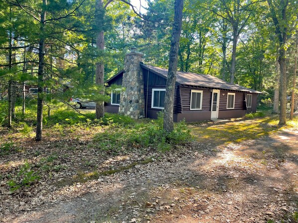 A cabin with a stone chimney, surrounded by trees and a dirt path.