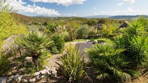 Um jardim paisagístico com lago, rodeado por diversas plantas e árvores.