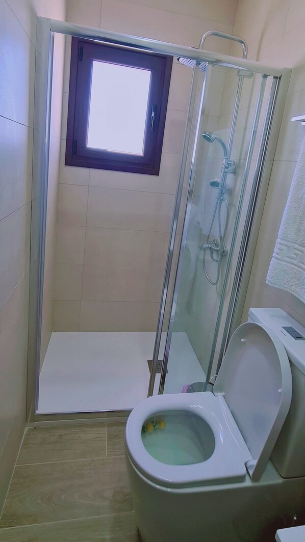 A bathroom with a glass-enclosed shower, a toilet, and a small window above the shower.