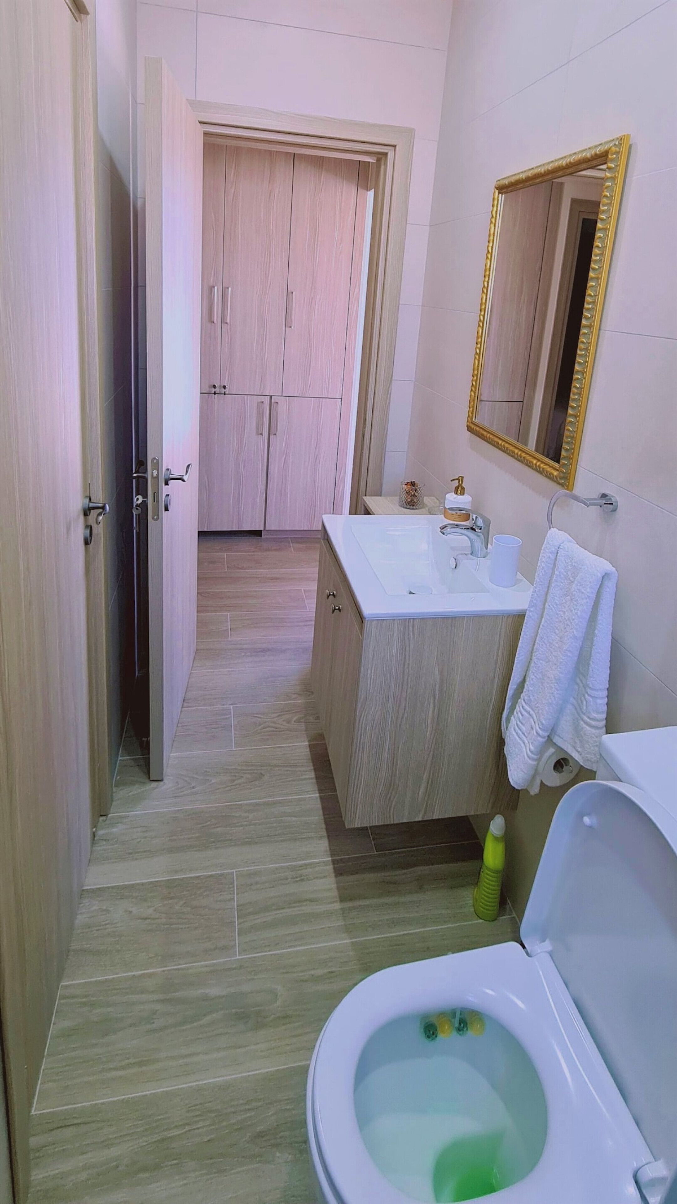 A bathroom with a white sink, a mirror with a gold frame, a toilet, and a wooden door.