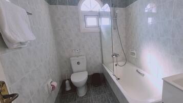 A bathroom with a toilet, a shower, and a bathtub.