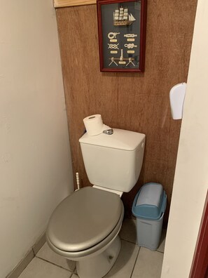 Regadera, toallas, jabón, papel de baño 