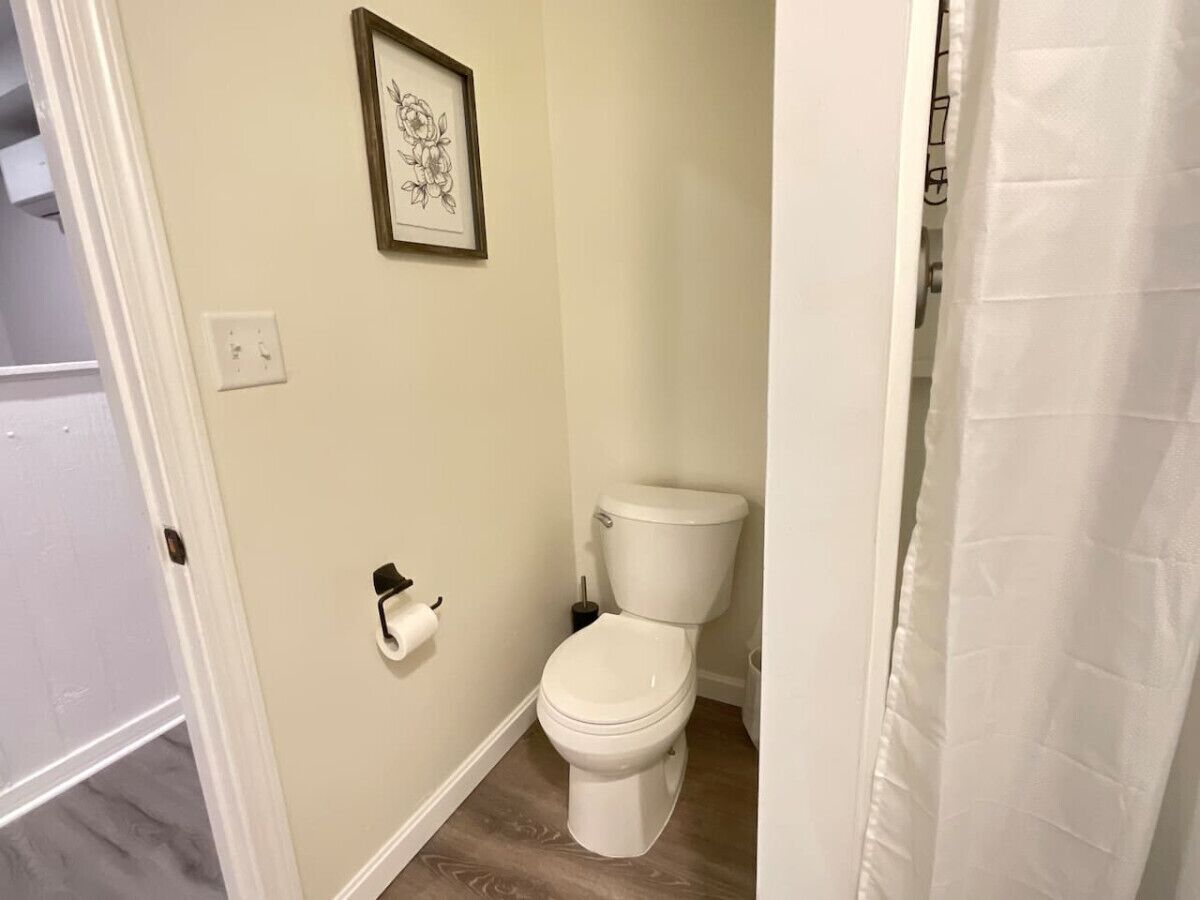 A small, clean bathroom with a toilet, a framed picture on the wall, and a roll of toilet paper.
