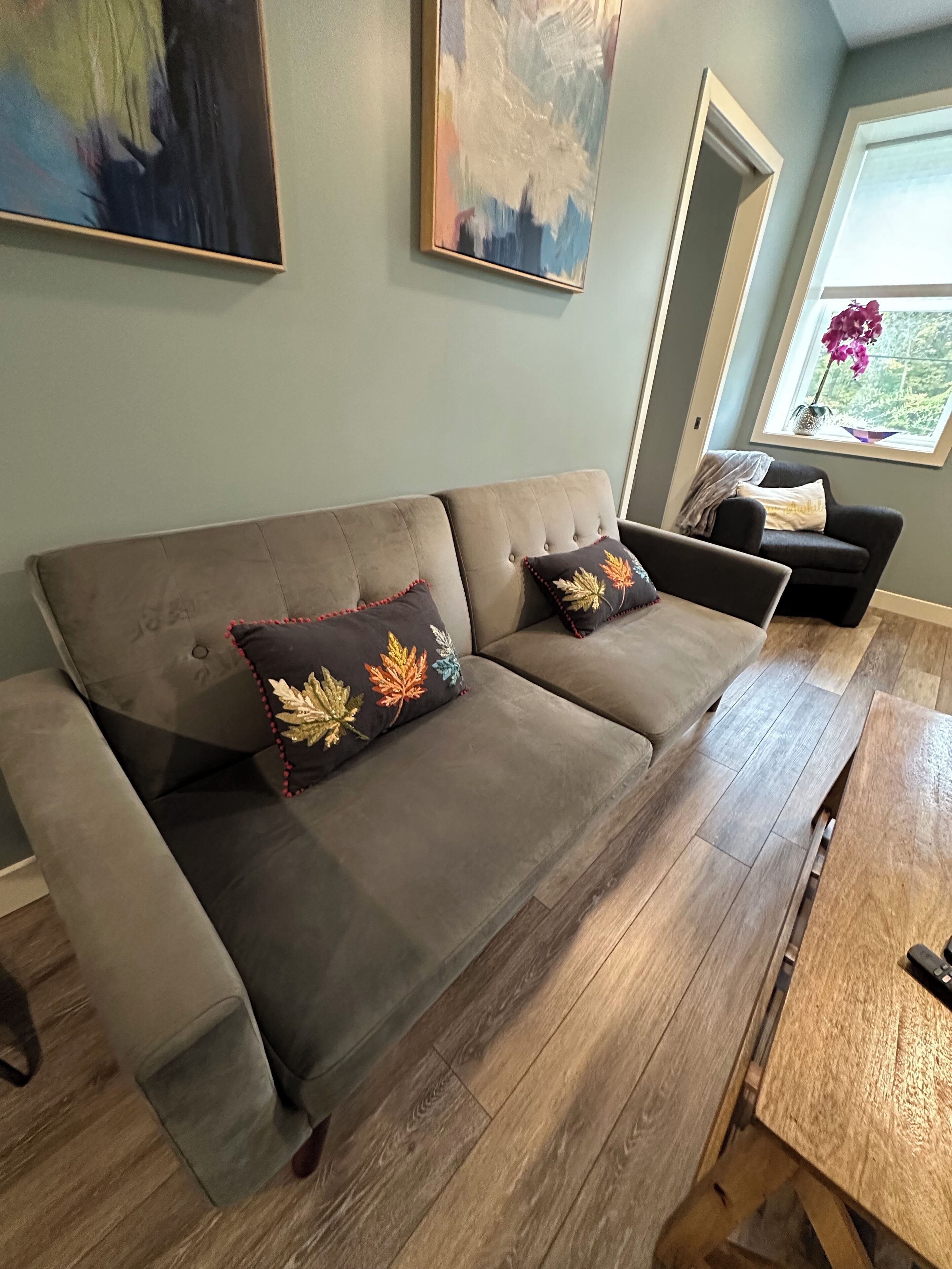 A modern living room with a grey sofa, two decorative pillows, a wooden coffee table, and a window with a view of greenery.