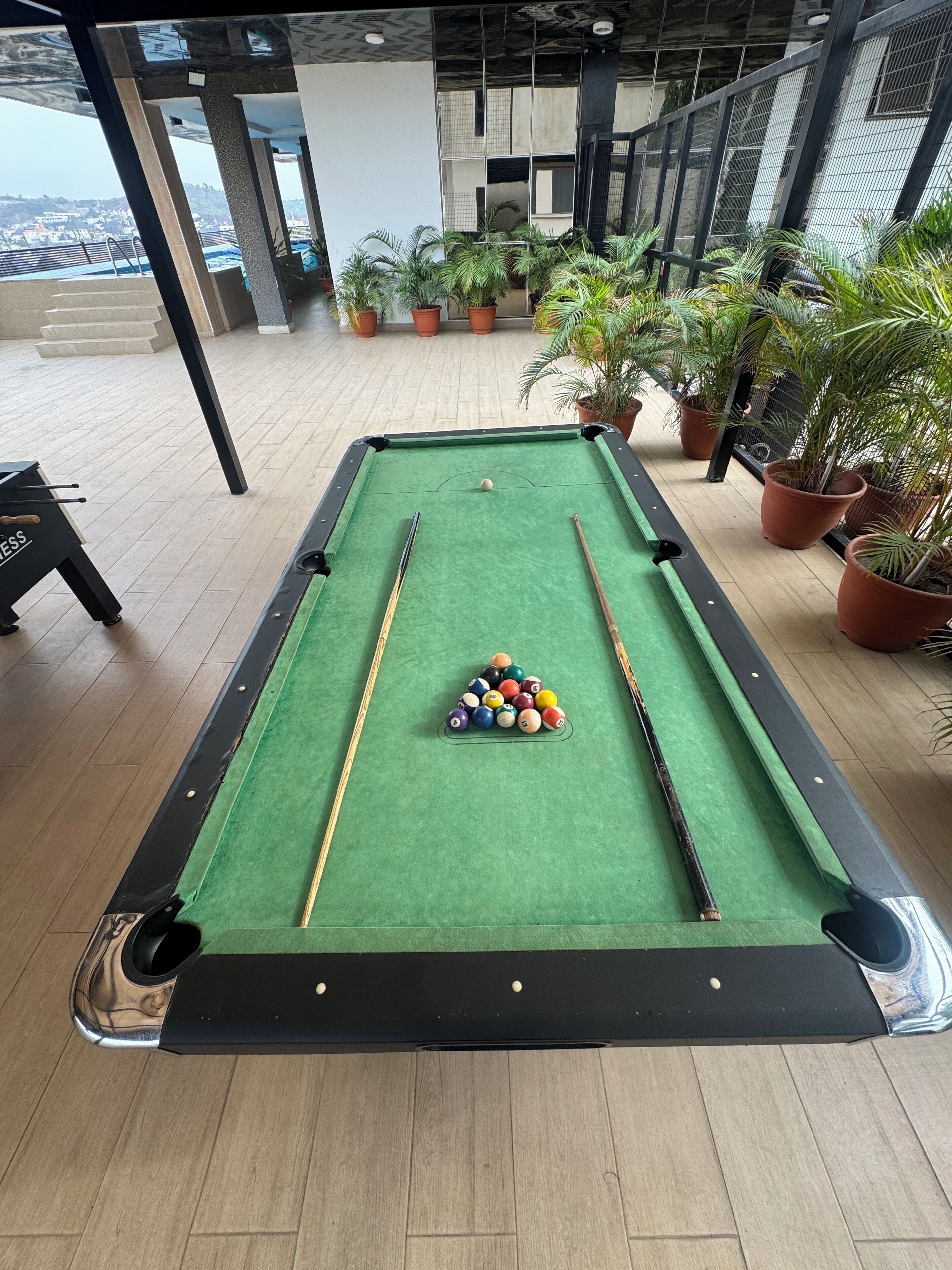 A pool table with balls arranged in a pyramid, surrounded by potted plants in an indoor setting with a view of a cityscape.