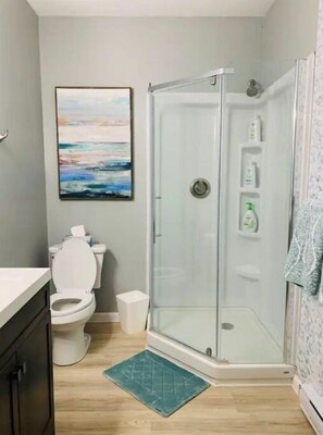 Shower, hair dryer, towels, soap