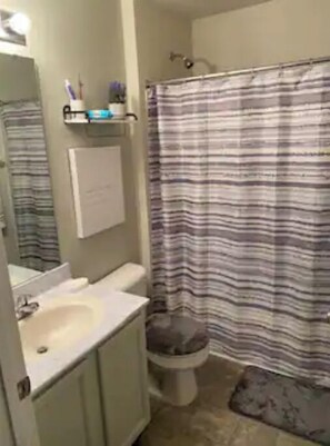 Bathroom features a sink, mirror, toilet, and striped shower curtain.