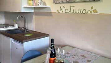 Fridge, microwave, stovetop, coffee/tea maker