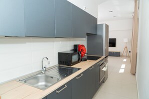 A modern kitchen with grey cabinets, a stainless steel sink, a red coffee machine, and a built-in oven. - Via Niccolò Tommaseo 4 - appartamento 1 (Napoli)