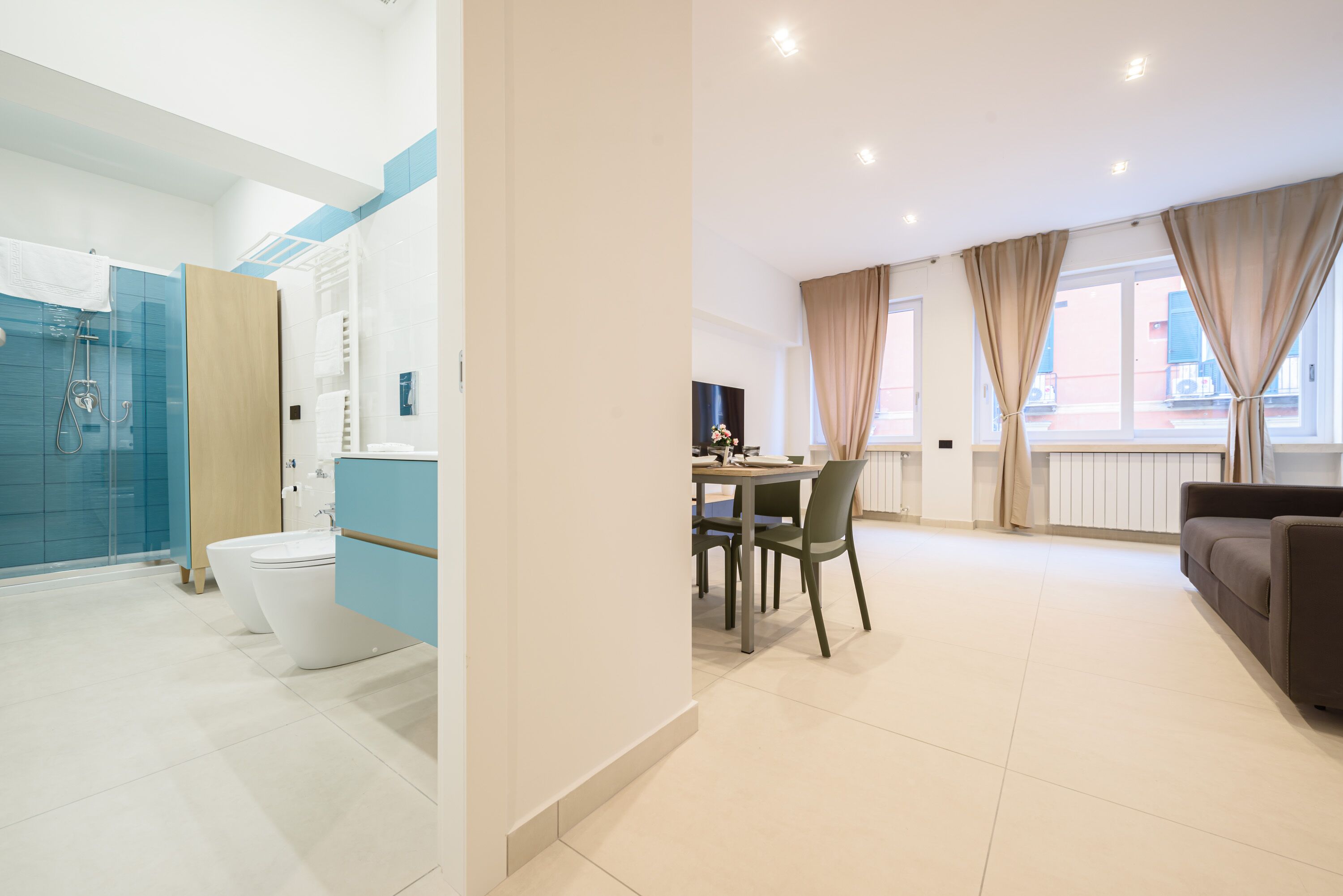 Shower, hair dryer, bidet, towels