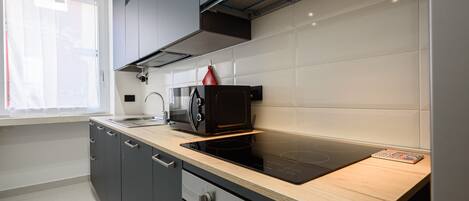 Frigorífico, microondas, horno y placa de cocina