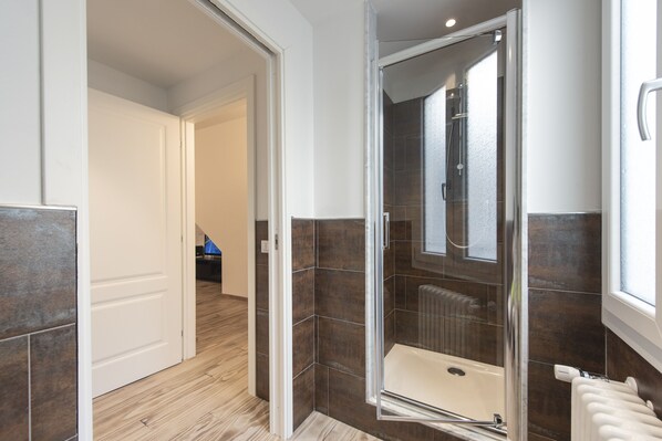 Shower, hair dryer, bidet, towels