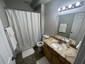 Ein Badezimmer mit Duschvorhang, Toilette, Waschbecken und Spiegel.