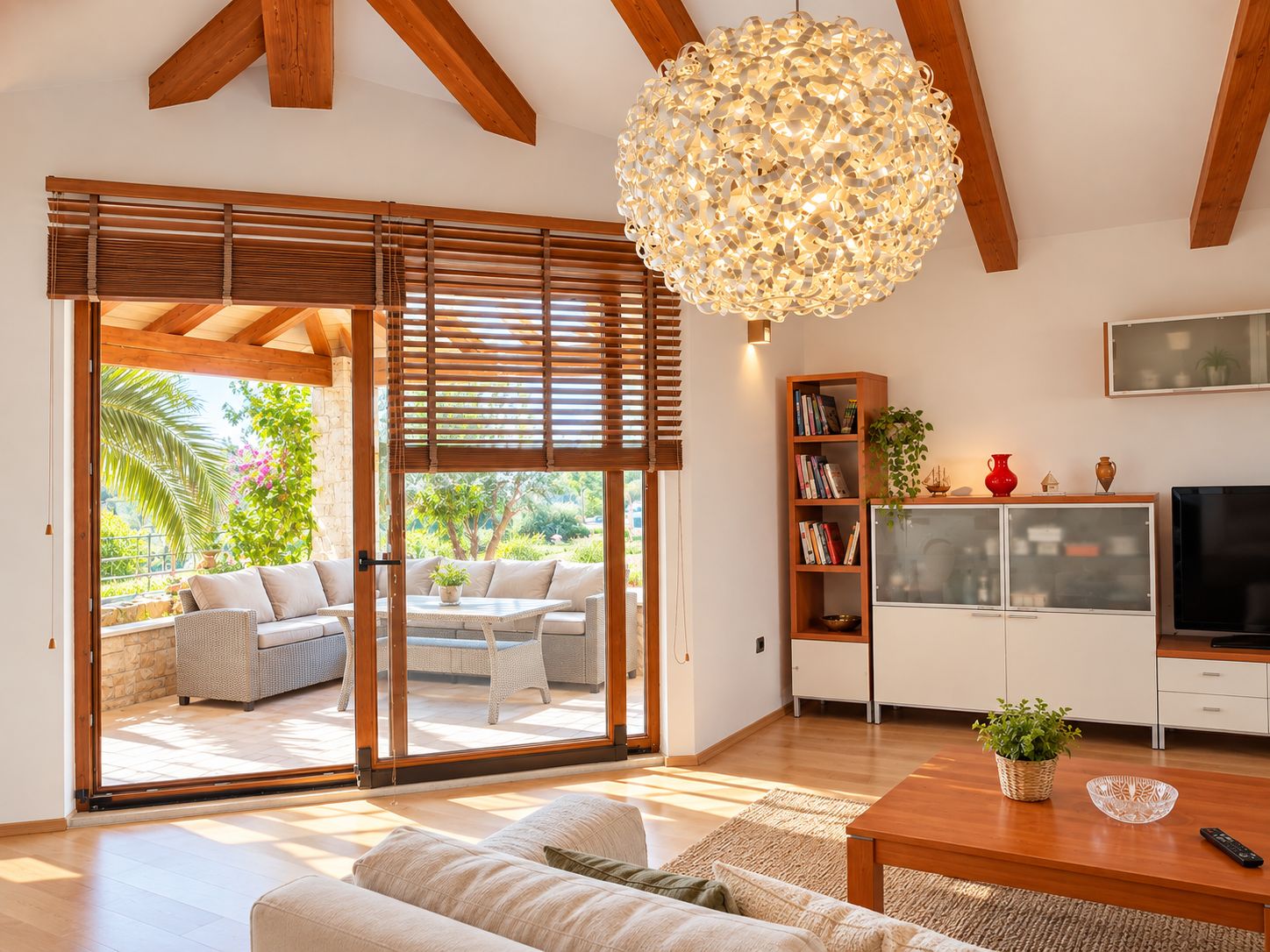 Un salon moderne doté d’une grande porte-fenêtre coulissante donnant sur une terrasse extérieure, d’un plafond en bois et d’un grand luminaire décoratif.