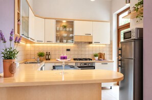 A modern kitchen with a curved island, stainless steel appliances, and a built-in oven. - Luxury apartment MARIN, Pomer - Istria (Pomer)