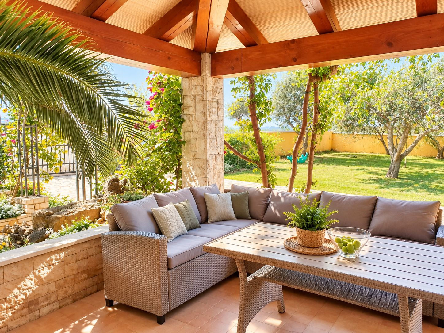 Eine Terrasse im Freien mit einer Rattan-Couch, einem Holztisch und einer Steinwand.
