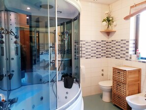 Regadera, secadora de cabello, bidet, toallas 
