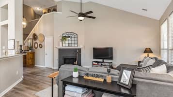 Smart TV, fireplace, table tennis, books