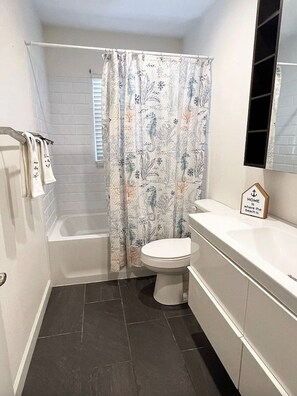 Shower, hair dryer, towels, soap