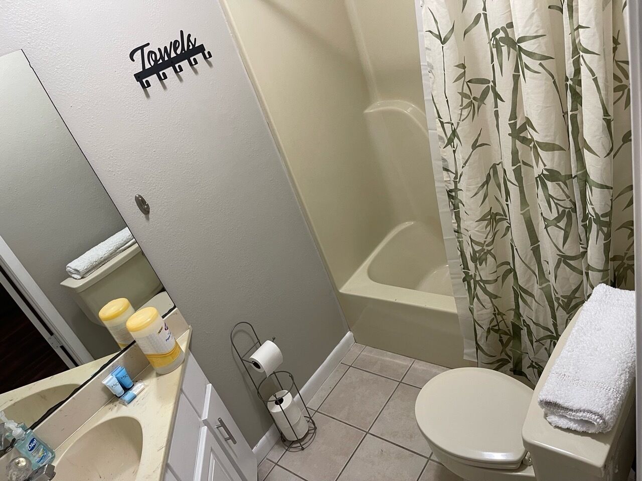 A bathroom with a toilet, a sink, a towel rack, and a shower curtain.