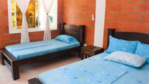 Een kamer met twee bedden, elk voorzien van blauw beddengoed en sterrenmotieven. Er is een raam met witte gordijnen, en de muren zijn van rode bakstenen.
