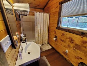 Bathroom features a sink, mirror, shower, and toilet with a window offering an outdoor view.