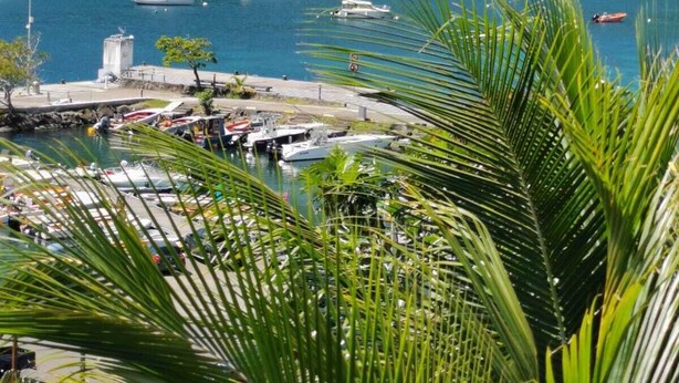 A marina with boats docked, surrounded by lush green hills. - Studio La Vigie 3 (Deshaies)