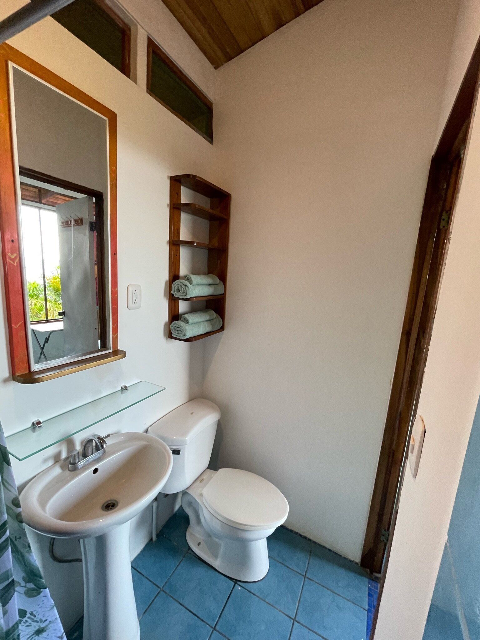 Un bagno piccolo con un lavandino su piedistallo, un water e uno scaffale in vetro sopra il lavandino.