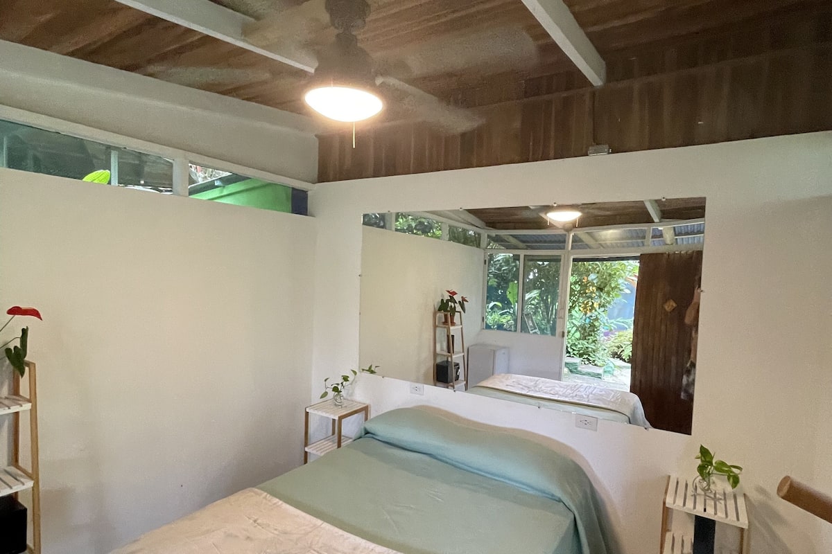 A bedroom with a bed, a small table, a shelf with a plant, and a window with a view of greenery.