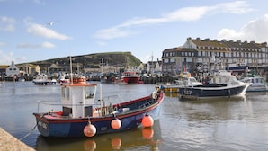 A harbor with boats docked, a building with multiple windows, and a hill in the background. - Mead Cottage (Bridport)